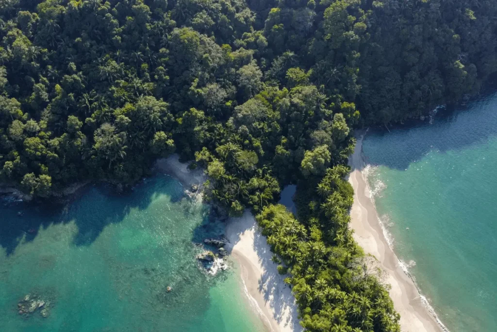 High-angle aerial view of vibrant green rainforest meeting white-sand beaches and turquoise ocean waters in Costa Rica.