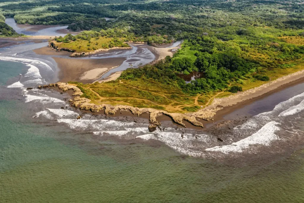 Aerial perspective of a winding river estuary flowing past lush green fields and rocky coastline into the Pacific Ocean.
